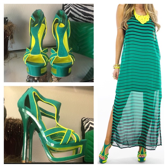 Tropical Jenna Cutout Platform Neon Lime & Green Heels - Picture 1 of 12